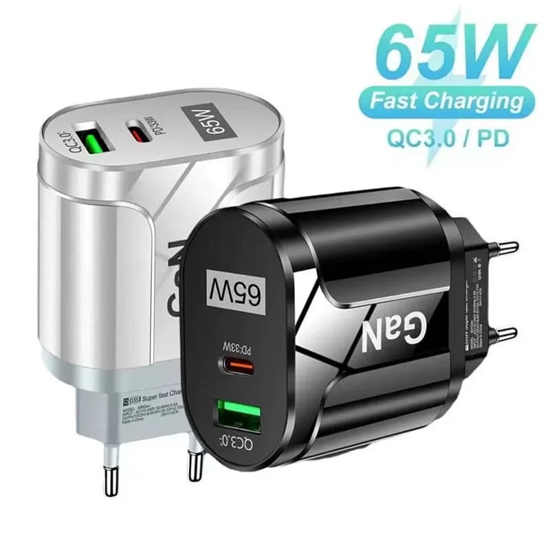 Caricabatterie Rapido GaN 65W PD QC3.0 con 2 Porte USB Tipo C, Adattatore da Muro Pieghevole con Spina EU per iPhone 16 Xiaomi, Universale da Viaggio
