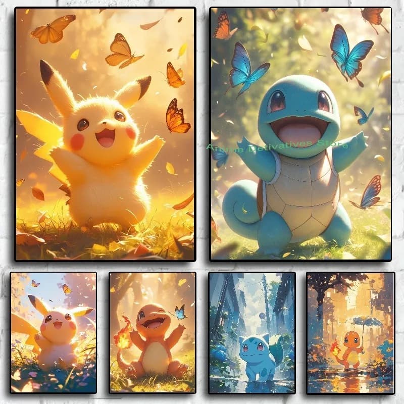 Poster su Tela di Personaggi Anime HD: Charizard, Bulbasaur, Squirtle, Charmander, Decorazione Murale per Casa e Stanza