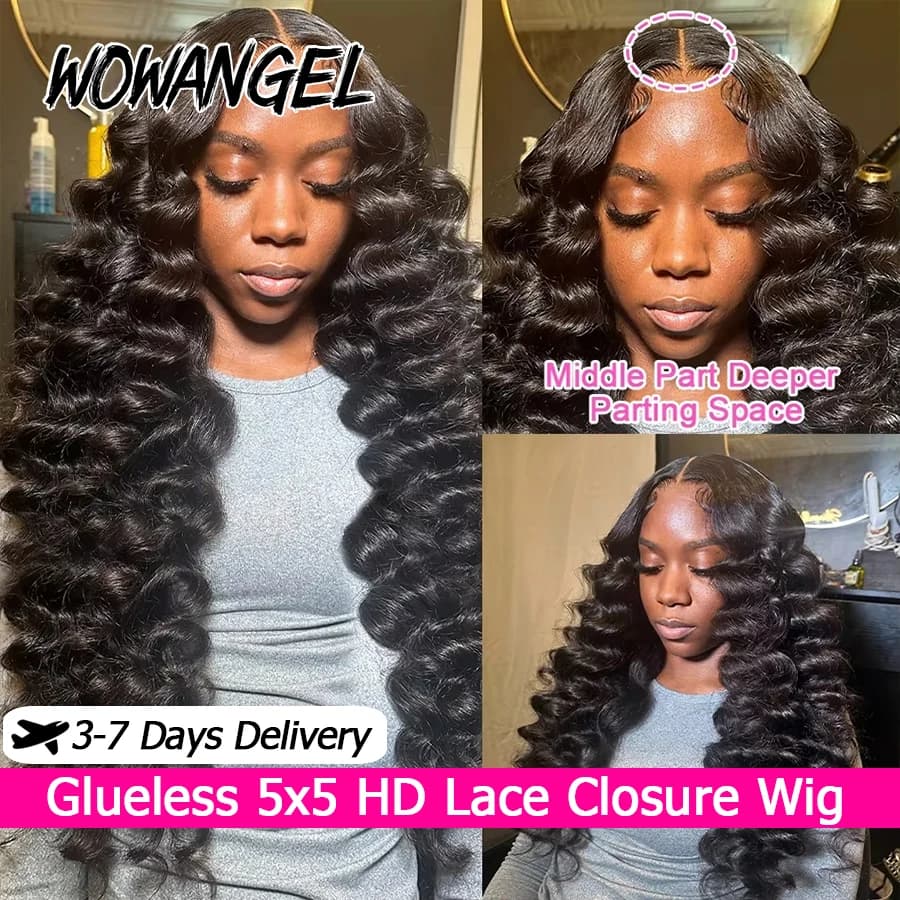 WOWANGEL Loose Wave Glueless Wigs Pre Cut 5x5 HD Lace Closure Wigs 100% Human Hair Pre Plucked Curly Wigs Pre Bleached For Women
