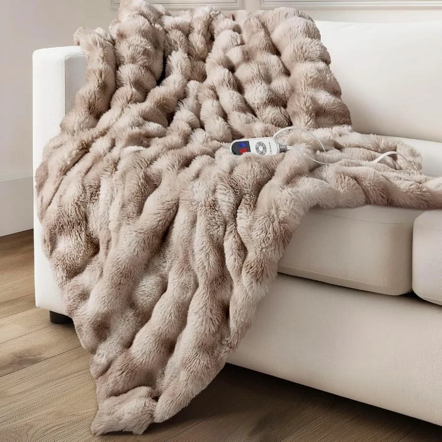 Coperta riscaldata elettrica per ragazze e donne Morbida e lussuosa pelliccia di coniglio sintetica Coperte riscaldanti 6 impostazioni di calore Sovraiscaldamento