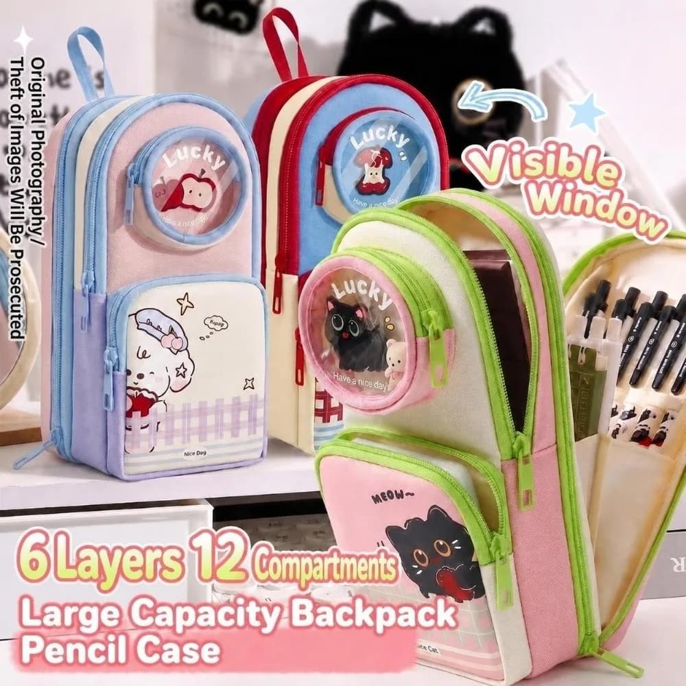 Cute Backpack Shape Pencil Case 6 Layers Portable Pen Bag Large Capacity Stationery Bag Students