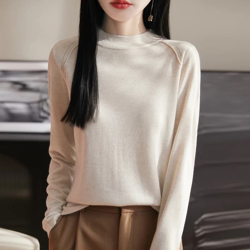 Merino Worsted Wool Sweater Ladies Round Neck Thin Knit Pullover Fashion Inside Loose Blouse 2025 Spring New Long-Sleeved Shirt