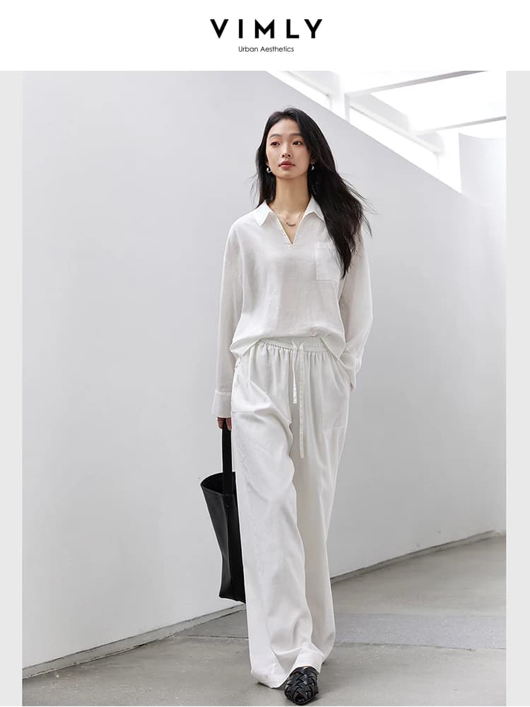 Completi Pantalone Donna VIMLY 2026 Autunno, Abiti da Ufficio, Top Bianco con Collo Risvoltato, Pantaloni a Gamba Larga, Completi Casual da Donna M9907