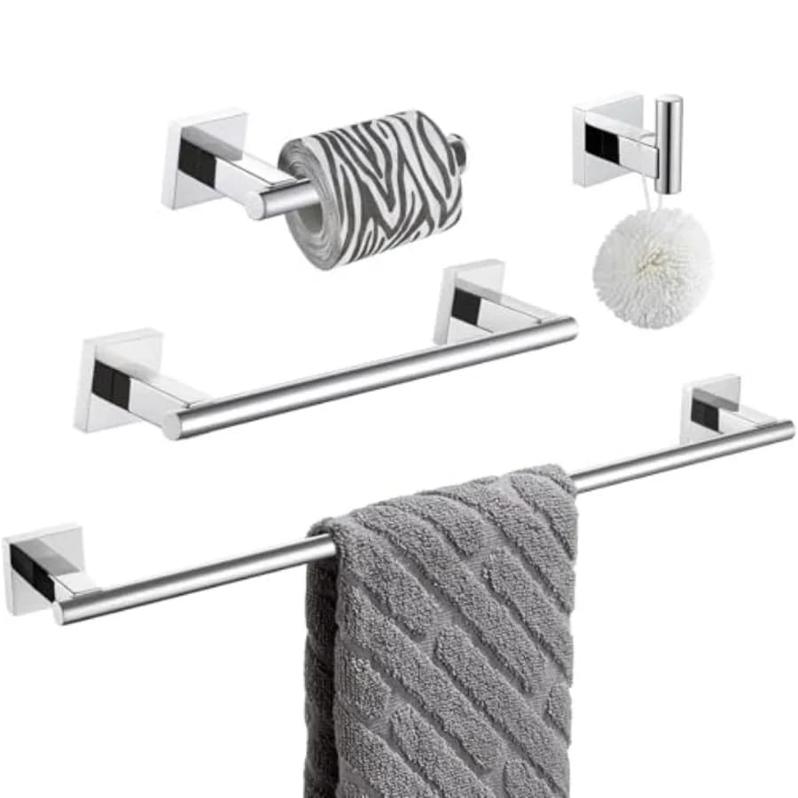Set di Accessori per il Bagno, Set di Accessori in Acciaio Inox SUS 304 4 Pezzi, Include Gancio per Accappatoio, Porta Carta Igienica, Portasciugamani