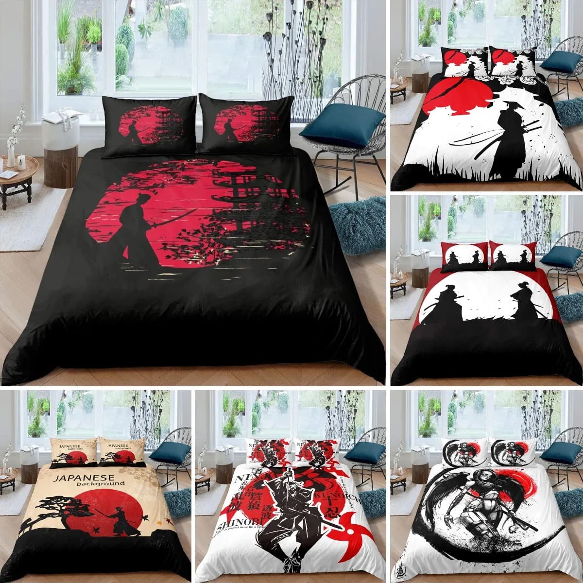 Set biancheria da letto samurai giapponese, copripiumino con silhouette di costruzione del paesaggio al tramonto giapponese per uomini adolescenti, nero rosso