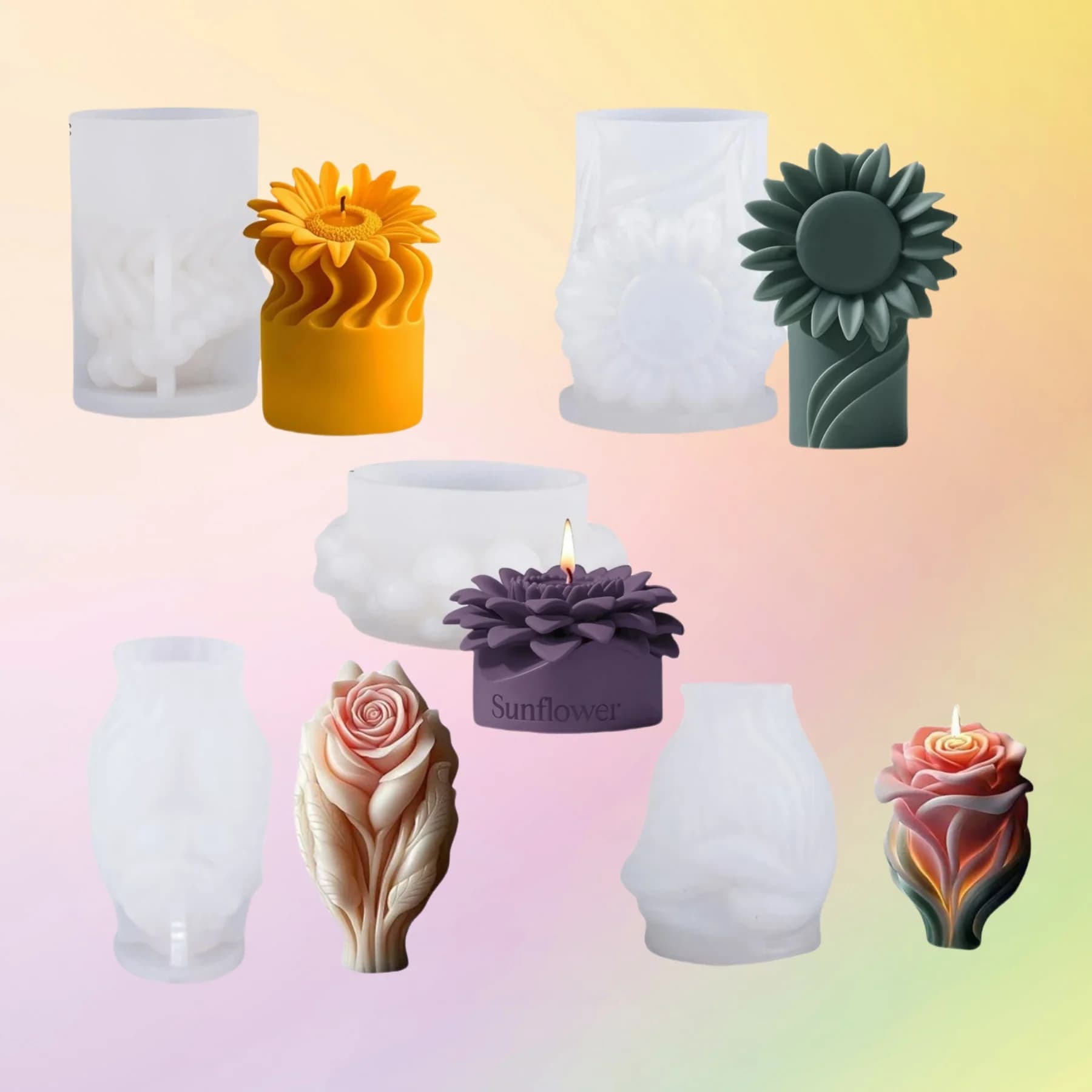 3D Embossed Sunflower Candle Silicone Mold Rose Flower Pillar Aesthetic Art Beeswax Soy Candle Mold DIY Aromatherapy