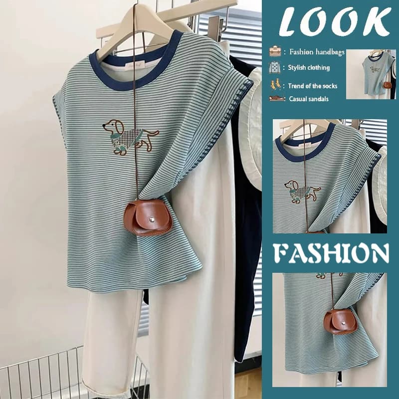 Retro Striped Color Block Doggies Short Sleeve T-Shirt Women's Summer New Style Flying Sleeve Top Korean Style Straight Cut