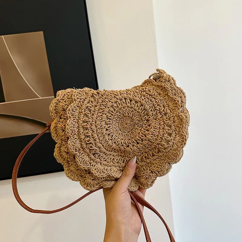 Borsa da spiaggia intrecciata da donna alla moda in paglia, borsa da spiaggia casual con bottone a pressione, piccola borsa a tracolla intrecciata per i viaggi