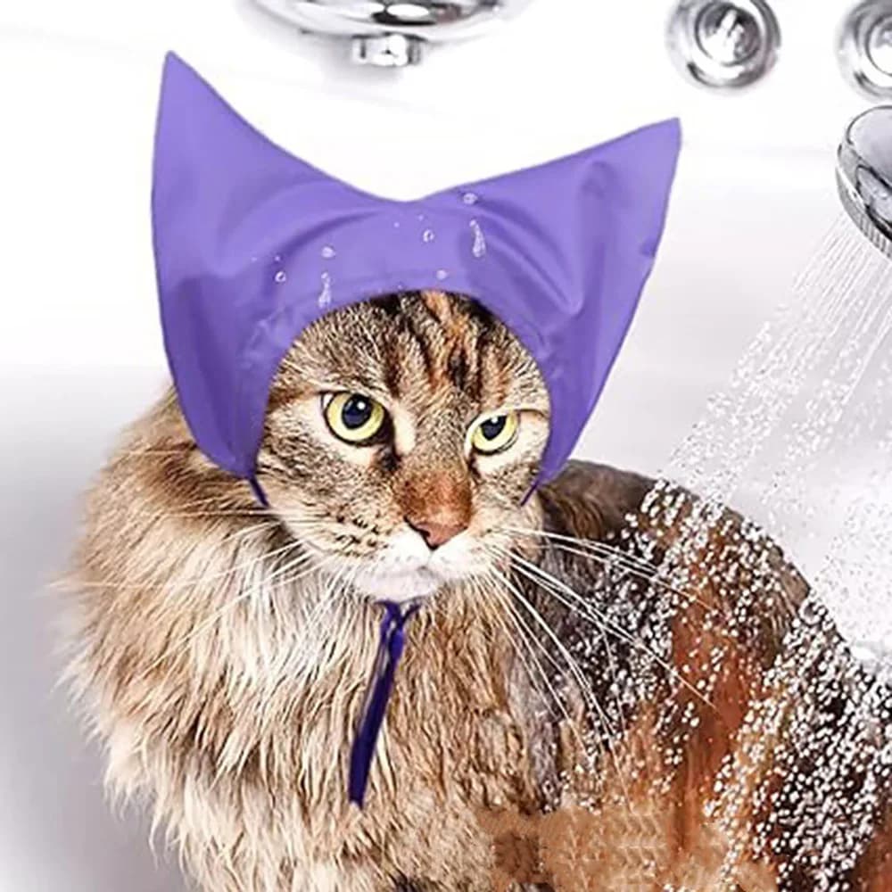 Cat Shower Cap Waterproof Ear Cover Prevent Water Into Ears Adjustable Pet Bath Hat For Kitten Grooming Bathing Daily Use