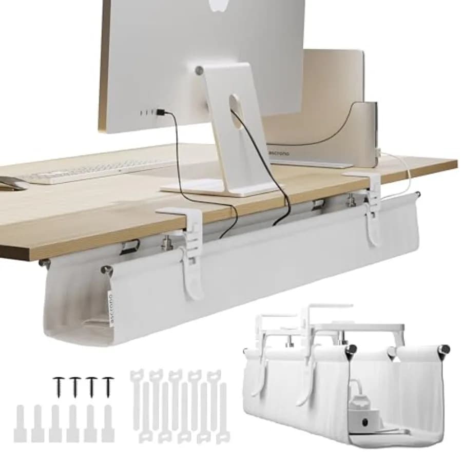 Vassoio porta cavi sotto scrivania senza foratura 40.6 - Tessuto bianco premium - Organizzatore cavi con fissaggio a morsetto/vite - Supporta fino a 66 libbre