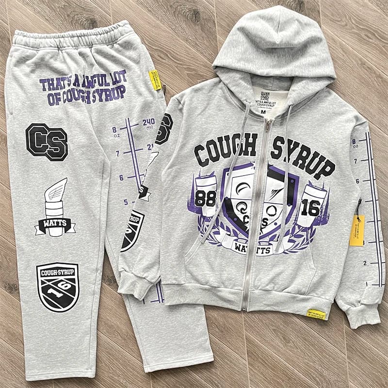 Set di felpa con cappuccio stampata e pantaloni lunghi con cerniera, motivo Cough Syrup, abbigliamento sportivo casual per ragazzi, abbigliamento autunnale a maniche lunghe