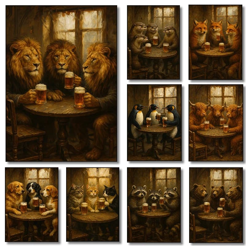Poster con Procioni che Bevono Birra a Tavolo, Volpe, Lontra, Orso, Leone, Gatto, Stampa Diamond Painting per Soggiorno, Decorazione Casa, Quadro