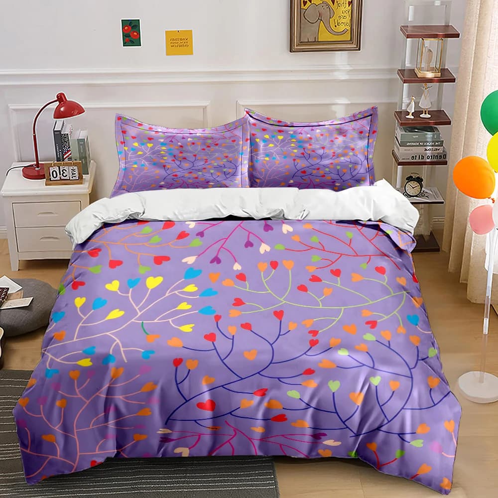 Set di biancheria da letto con stampa di motivi a cuore colorati, morbido e confortevole, include 1 copripiumino e 2 federe.