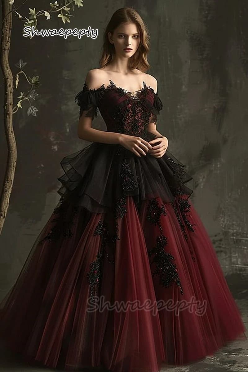 Abito da sposa gotico bordeaux e nero per la sposa con spalle scoperte maniche corte applicazioni di perline abito da sposa personalizzato a-line