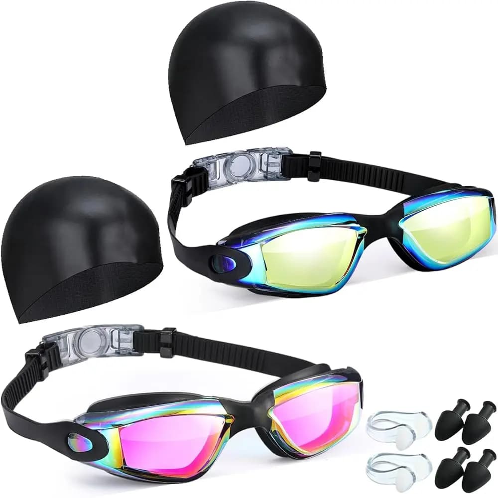 Occhialini e Cuffie da Nuoto per Adulti Donna con Tappo Nasale e Tappi per Orecchie, Impermeabili, Antiappannamento, Trasparenti, Elastici - Set Completo
