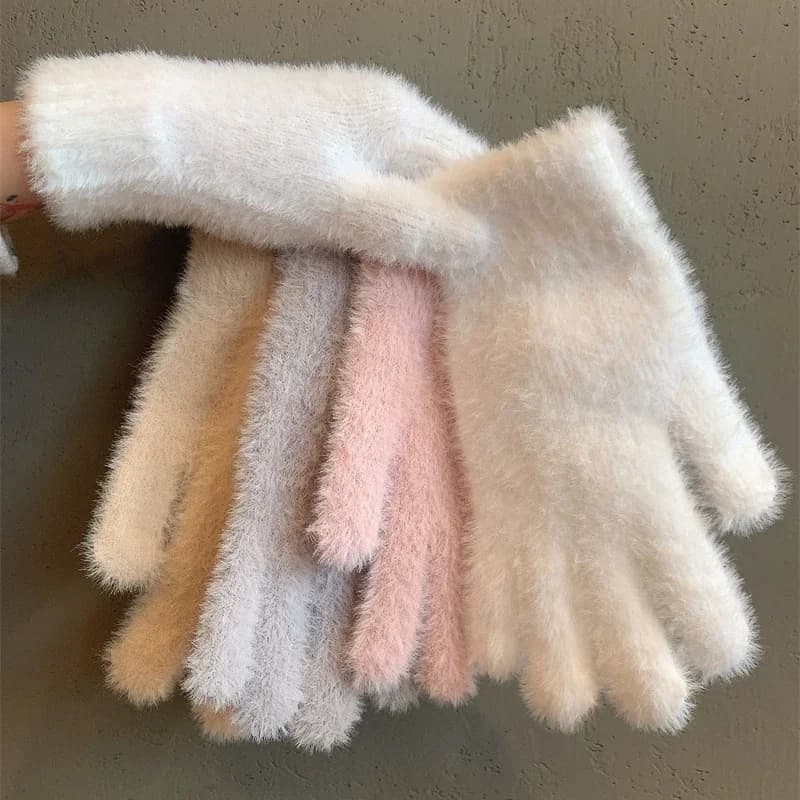 Student Girl Fashion Winter Mink Velvet Five Finger Gloves Plush Warm Cold-proof Gloves Women Outdoors Cycling Solid Color Mitte