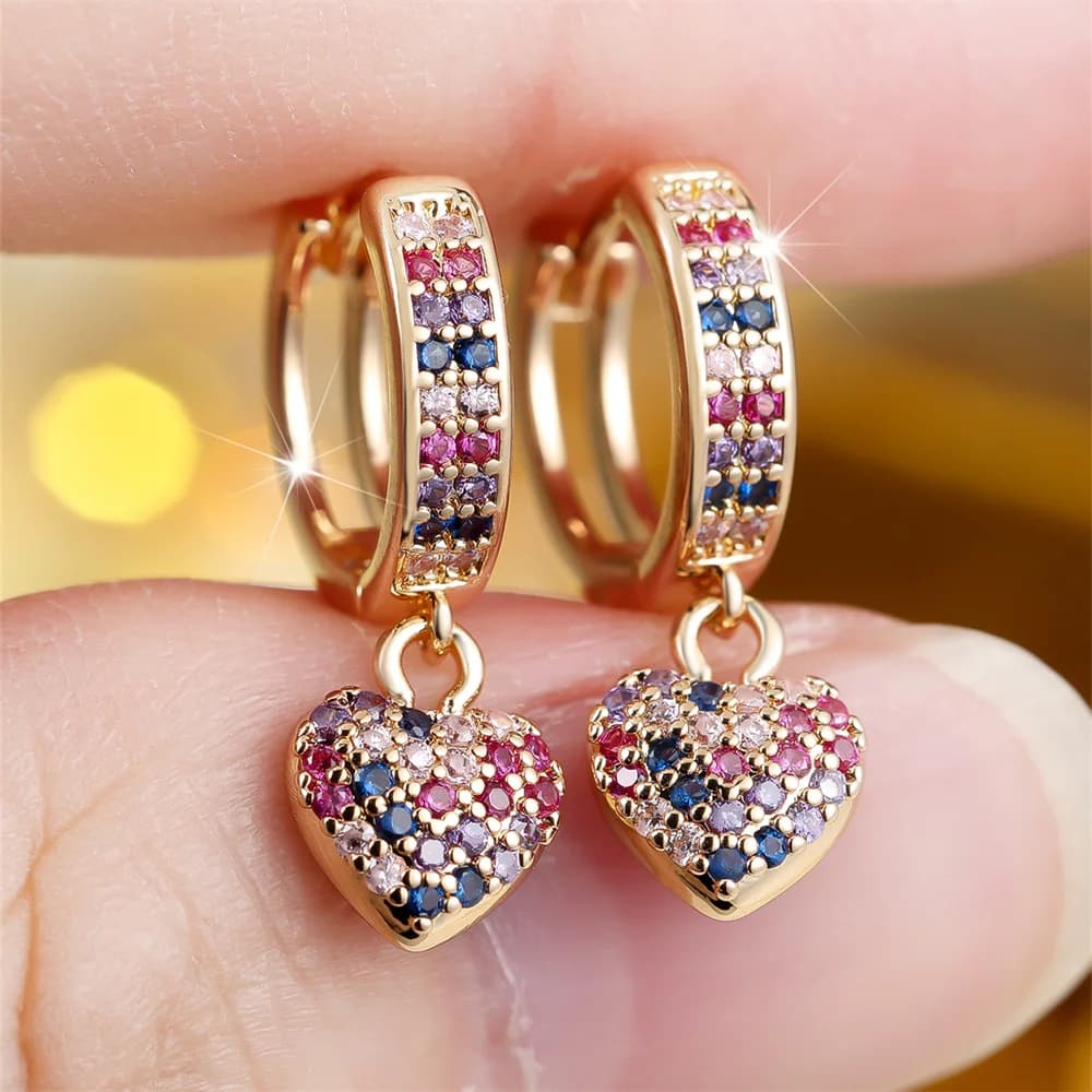 Multicolor Zircon Love Heart Pendant Rainbow Crystal Hoop Earrings For Women Trendy Gold Color Wedding Jewelry Mother's Day Gift