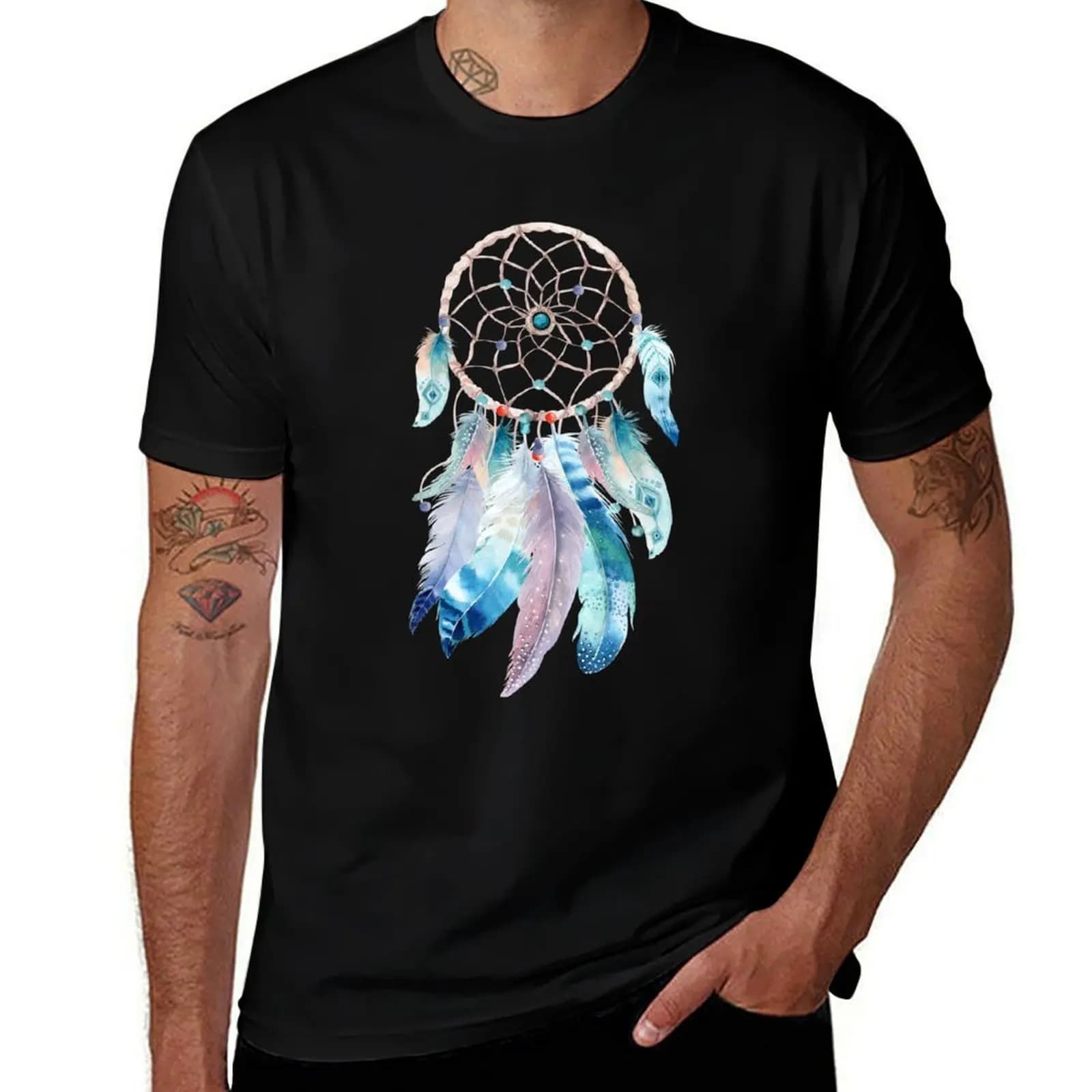 Blue Feathers Dreamcatcher on Purple T-Shirt Fitness Training Breathable Tee