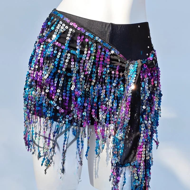 Cintura colorata Cintura di danza del ventre Costumi Doppi strati Paillettes Nappa Sciarpa di danza del ventre per le donne Cinture di danza del ventre indiana