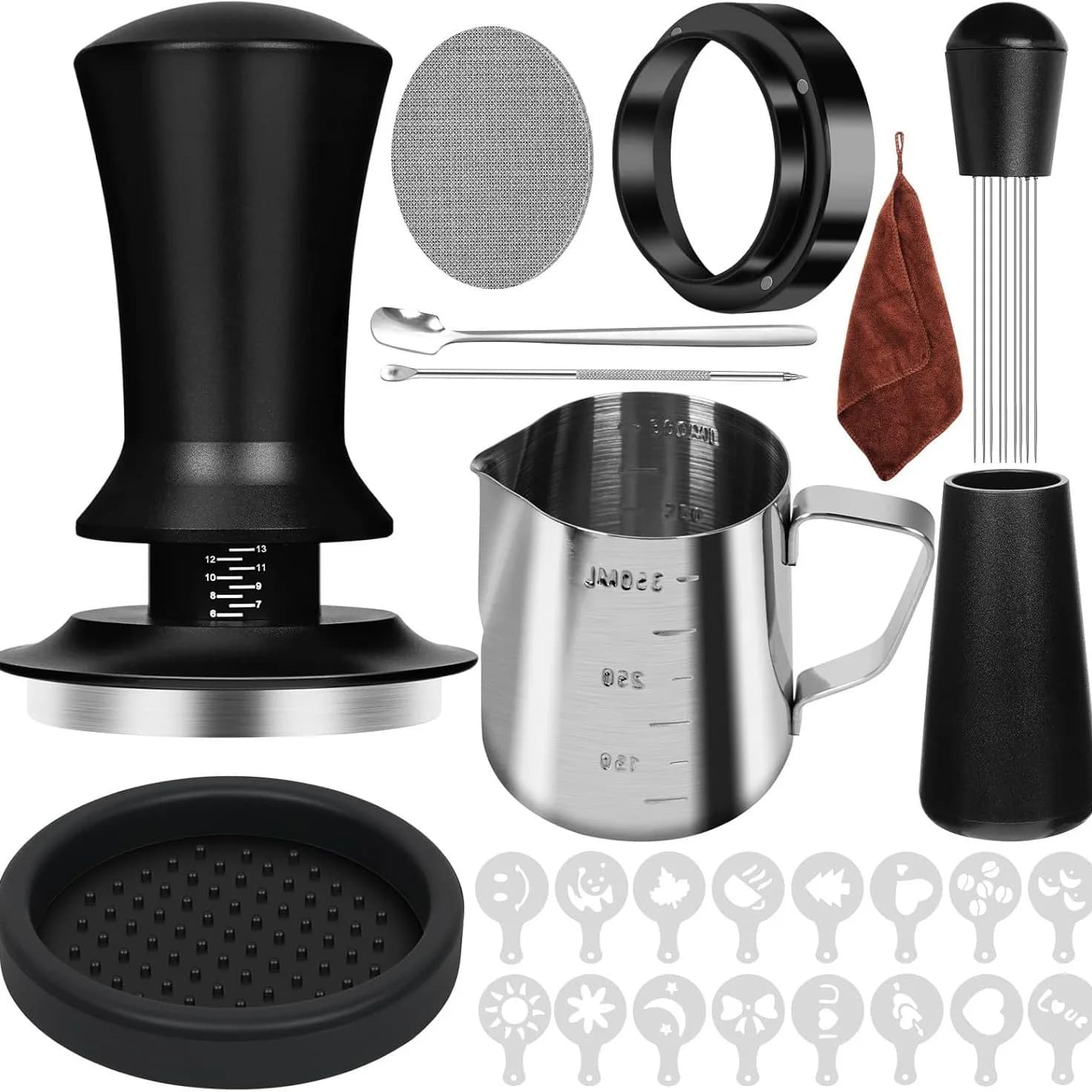 10PCS Barista Coffee Tool Set, 58mm Constant Force Tamper & Milk Frothing Pitcher Kit