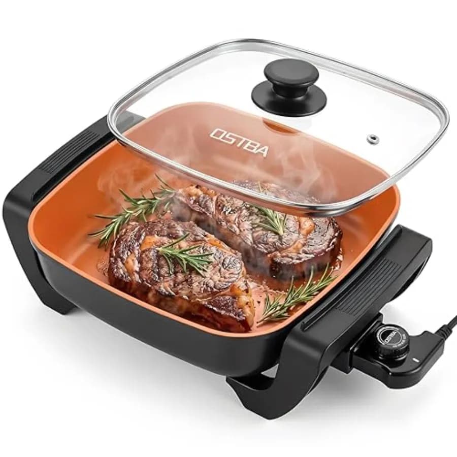 12"x12" Electric Skillet with Glass Lid 5.2QT Large Nonstick Frying Pan for Family Meals 1500W Fast Heating 5-Level Adjustable