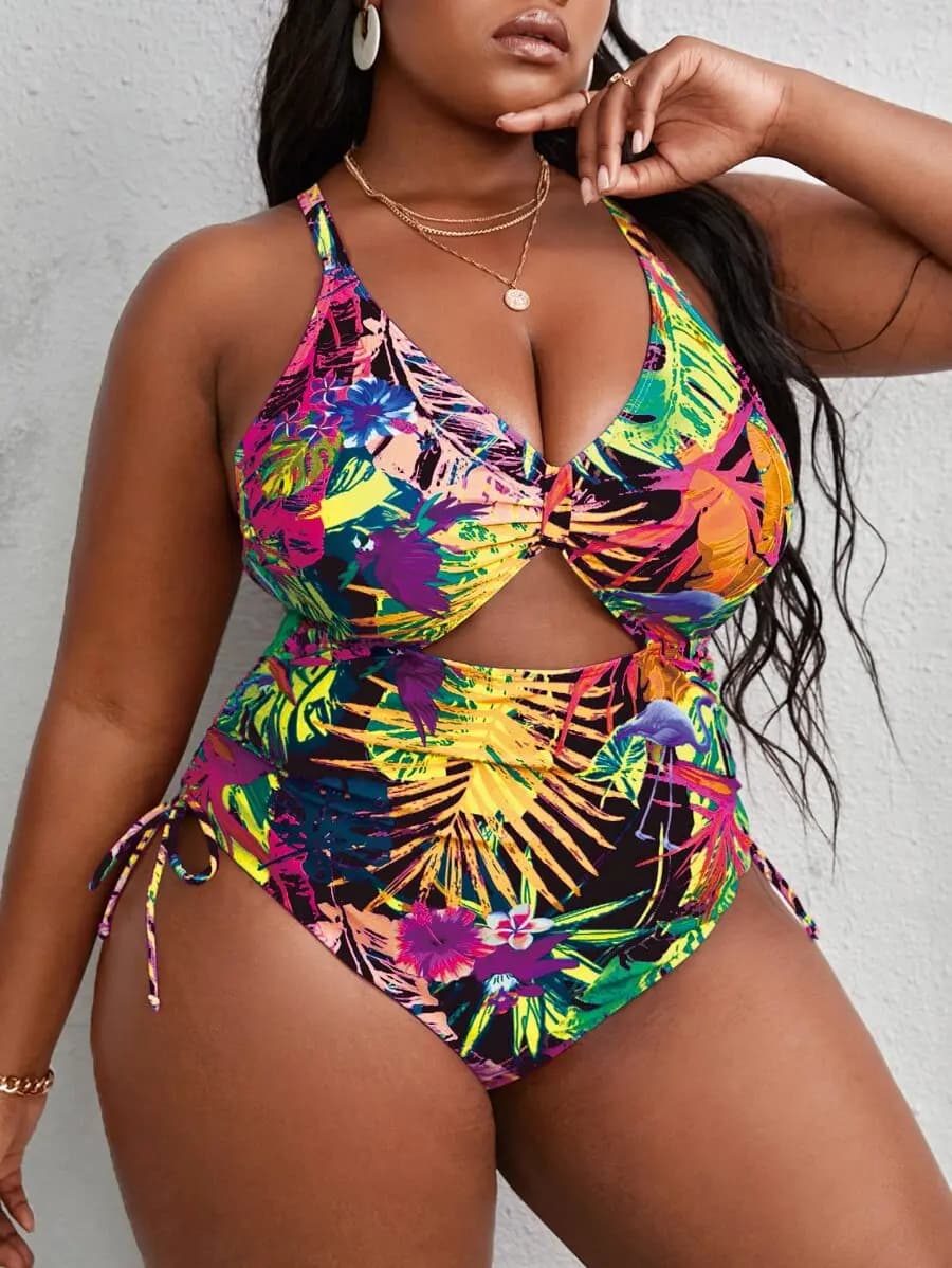 Plus Size Tropical Print Side Tie Hollow Out One Piece Swimsuit