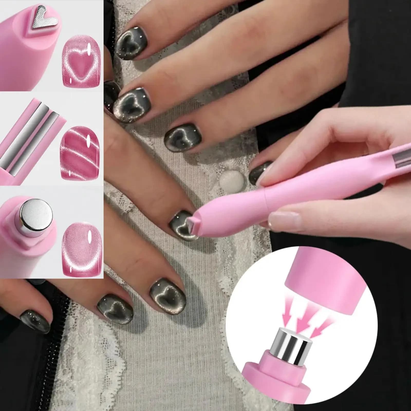 1PC 3-In-1 Heart Shape Cat Eye Nail Art Magnet Double Line Moon Snake French Magnet Pen for Magnetic Gel Polish Manicure Tools
