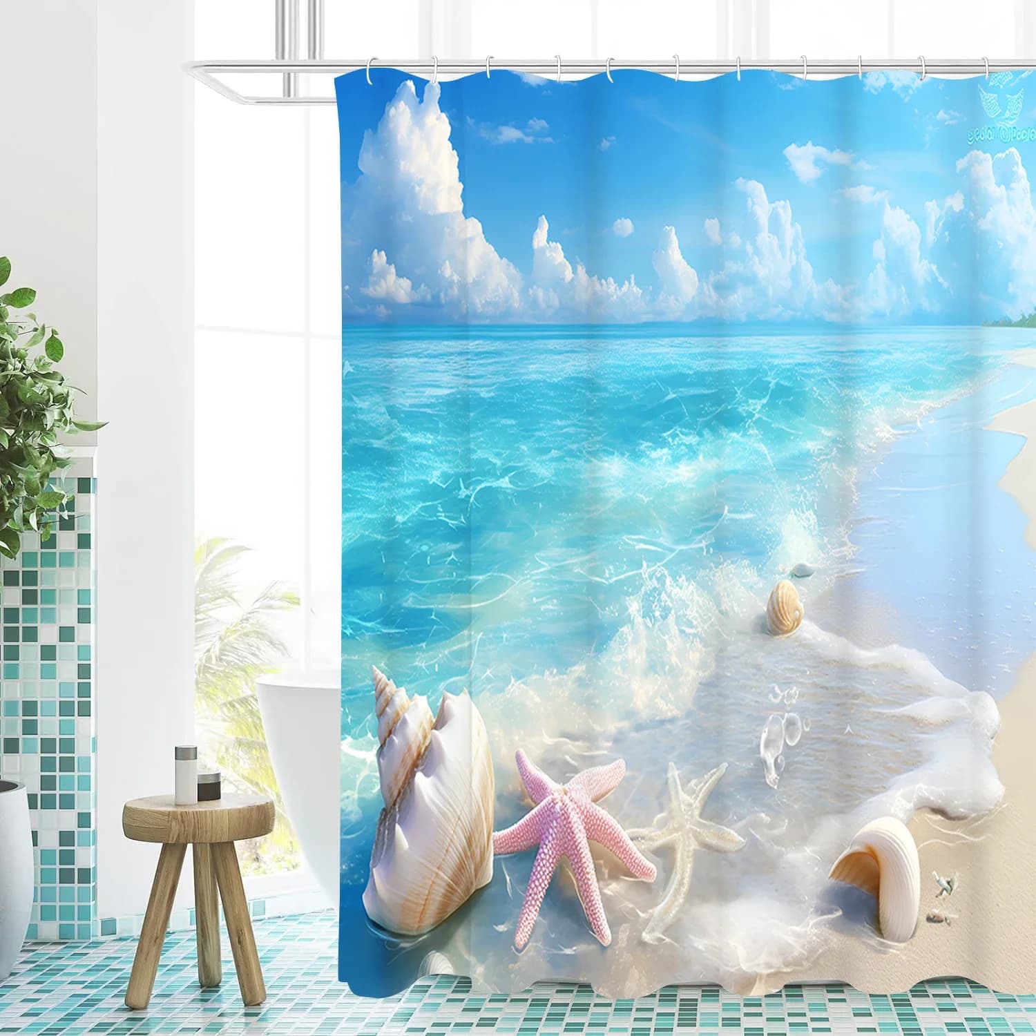 Tenda da doccia per bagno con stelle marine con conchiglie da spiaggia Tenda da bagno in tessuto impermeabile con 12 ganci Girasole Home Deco Nave libera