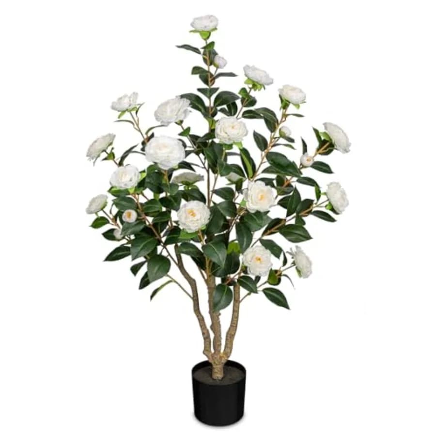 Albero di Camelia Artificiale da 3 Piedi, Pianta Finta di Camelia con Fiori Bianchi, Pianta Floreale Artificiale in Vaso Nero per Interni