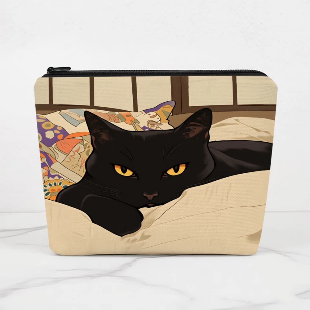 Borse per il trucco con motivo gatto nero sul letto per ragazze, pochette per cosmetici, borsa da toilette, astuccio per matite, custodia da viaggio