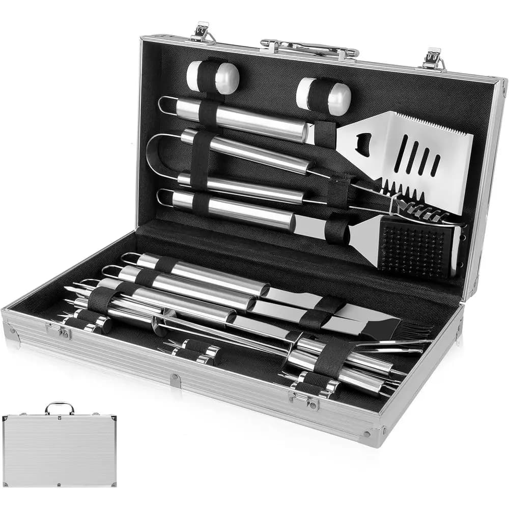 Premium Set of 18 Stainless Steel Barbecue Tools with Grid Cover and Brush for Men
