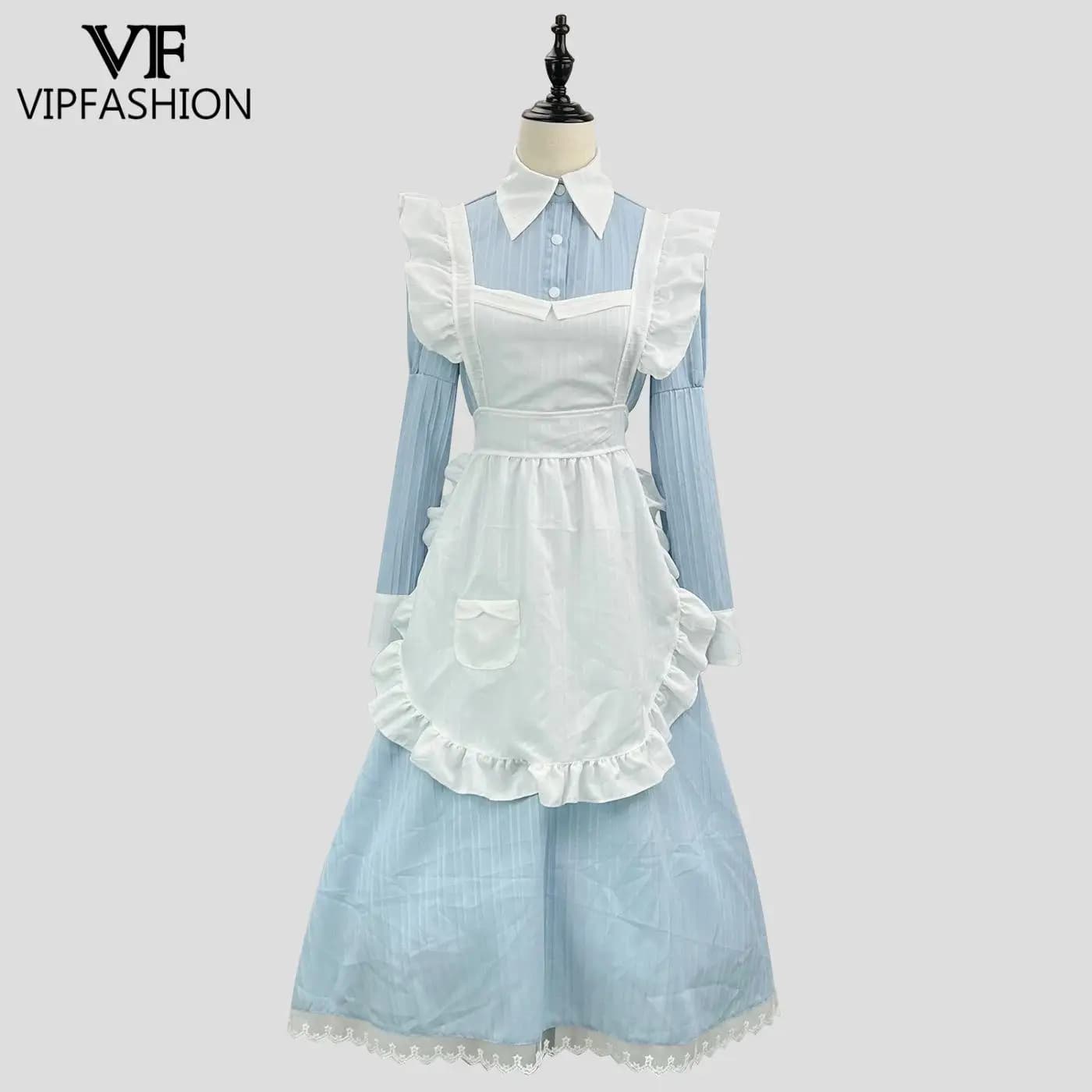 VIP FASHION Abito da cameriera vittoriano Costume cosplay Lolita Abito tradizionale britannico con grembiule lungo con finiture in pizzo Uniforme da tea party