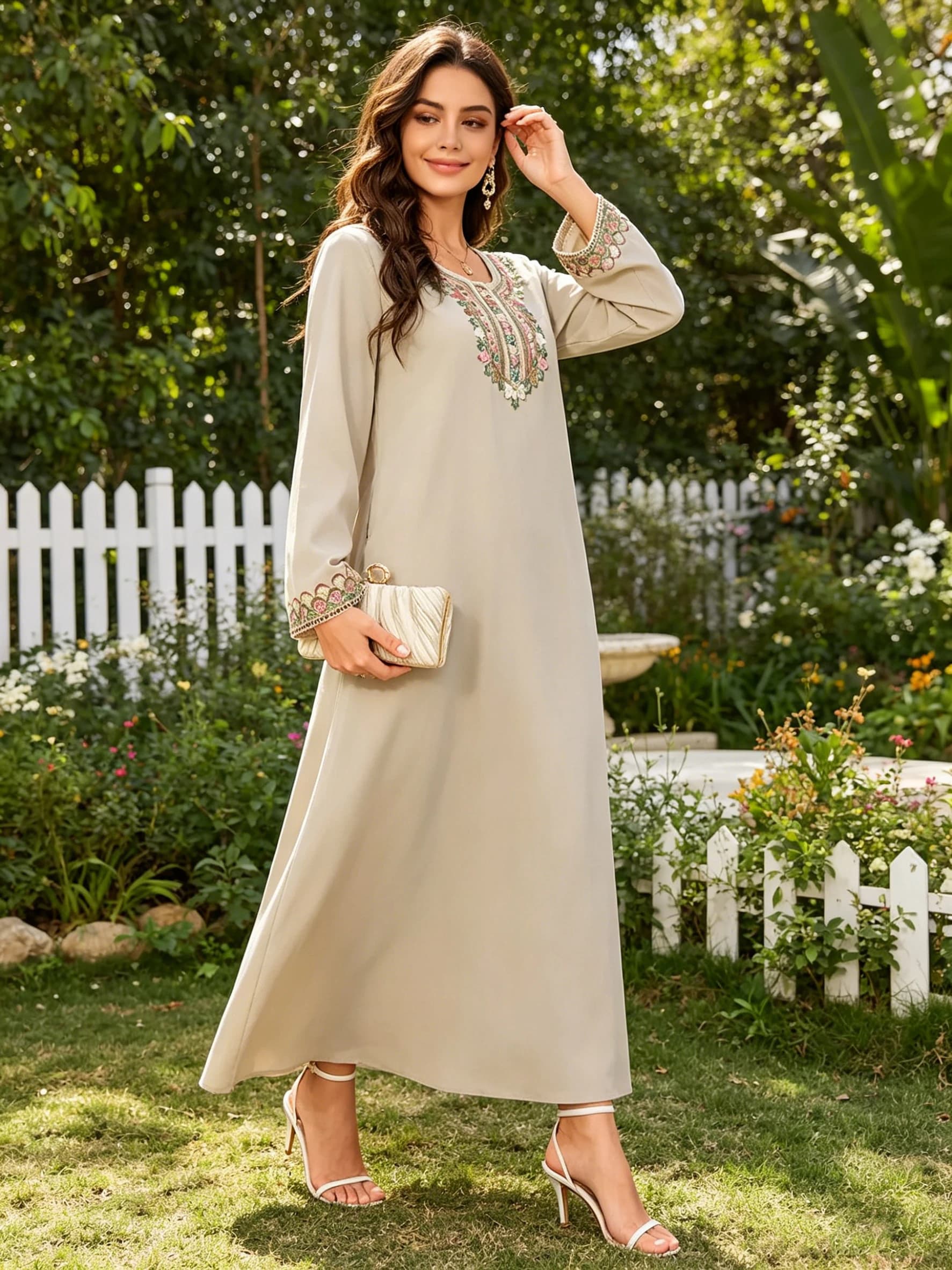 Women's Long Sleeve round Neck Casual Dress Solid Color Middle Eastern Loose Fit Skirt with Cuffs Fashionable Outerwear