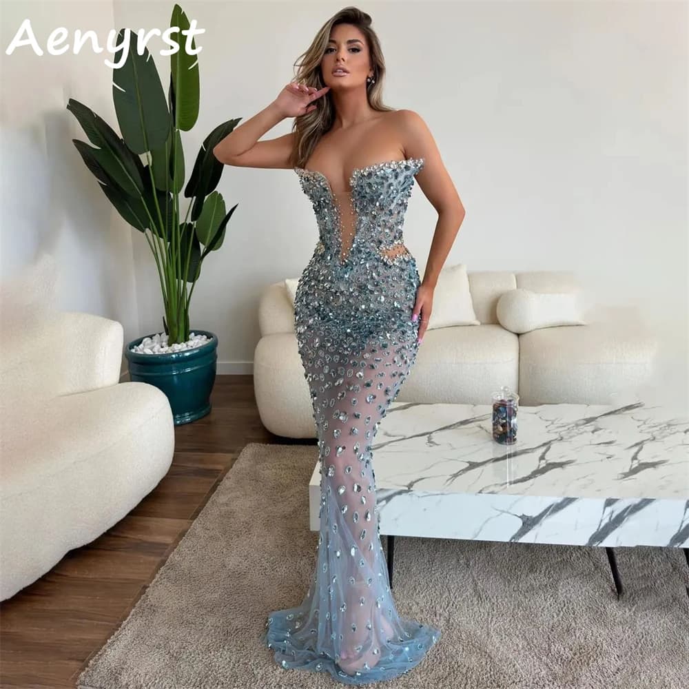 Aenyrst Illusion Sexy Sweetheart Crystal Arabia saudita abiti da sera sirena Bodycon Prom Gown lunghezza del pavimento abito da festa formale