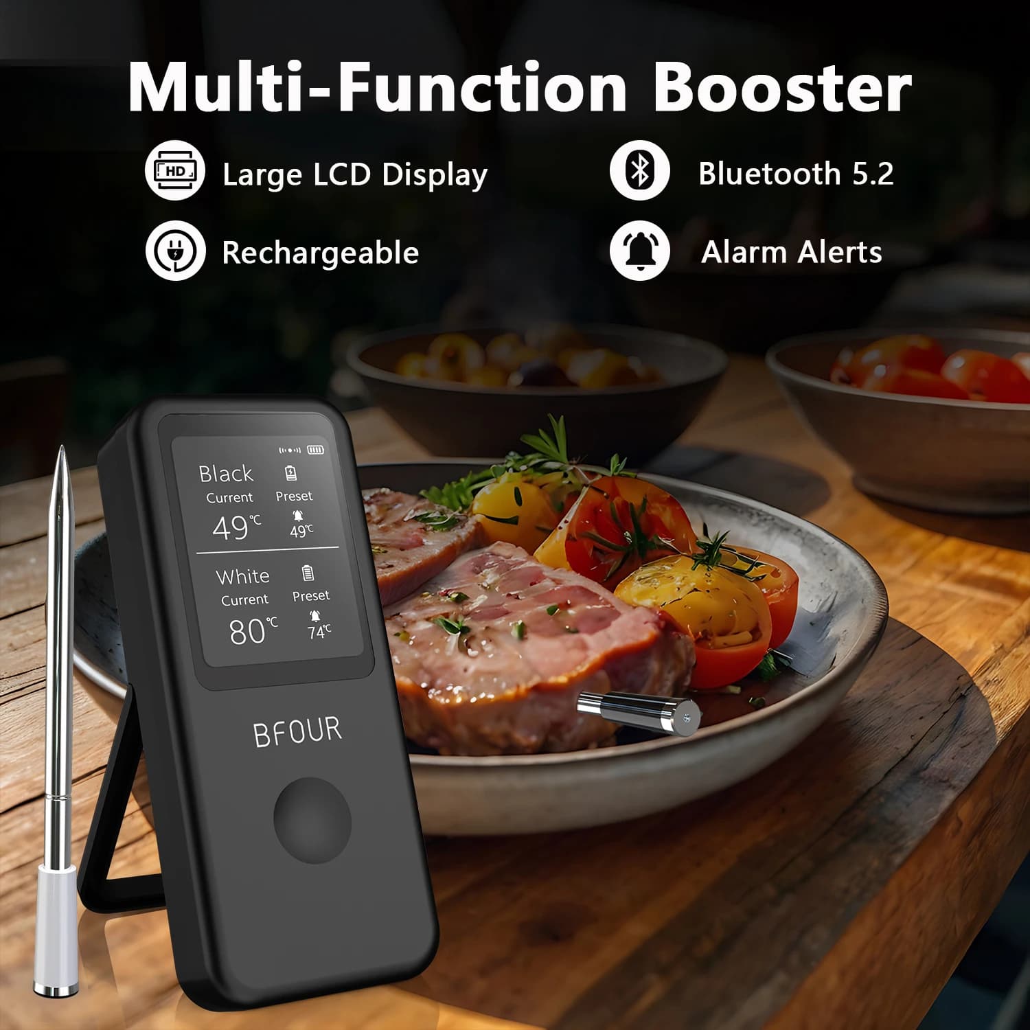 Termometro per carne wireless Bluetooth Sonde digitali con display HD e monitoraggio APP per girarrosto Griglia BBQ Fumatore Bistecca