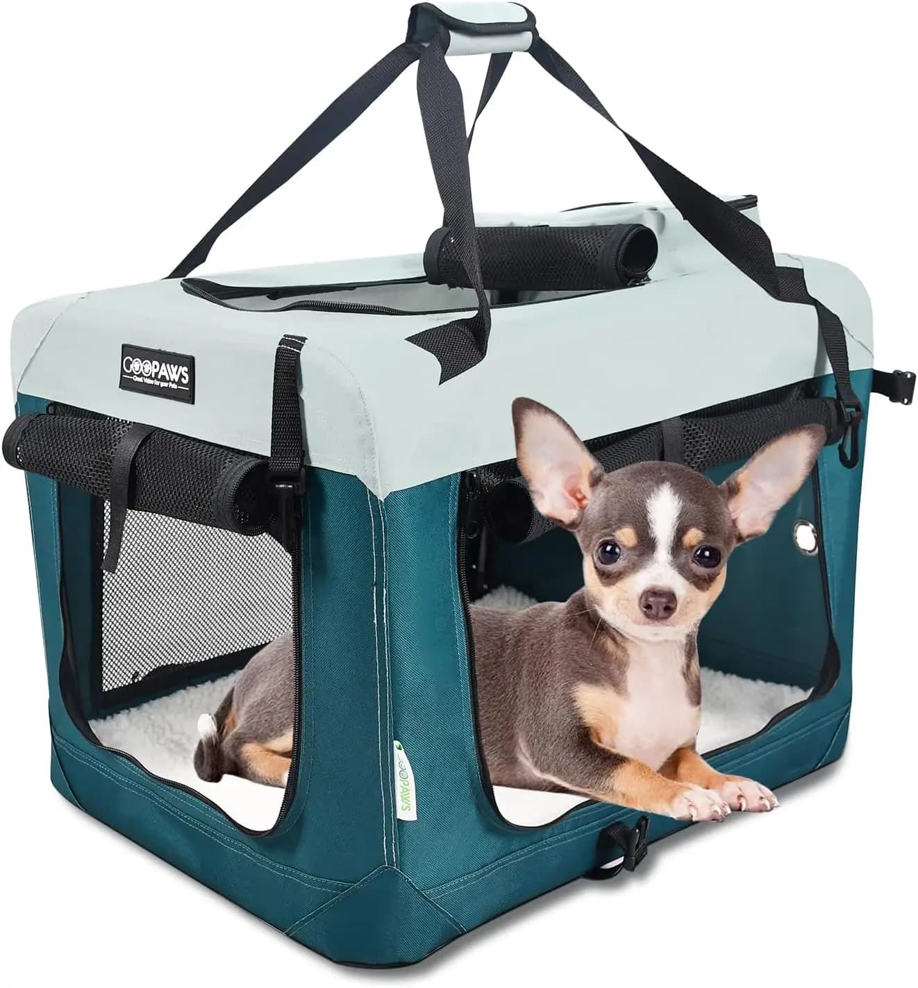 Cuccia Morbida per Cani, Trasportino Pieghevole a 3 Porte con Cinghie e Tappetino in Pile per Cani e Gatti, Blu Teal Piccolo