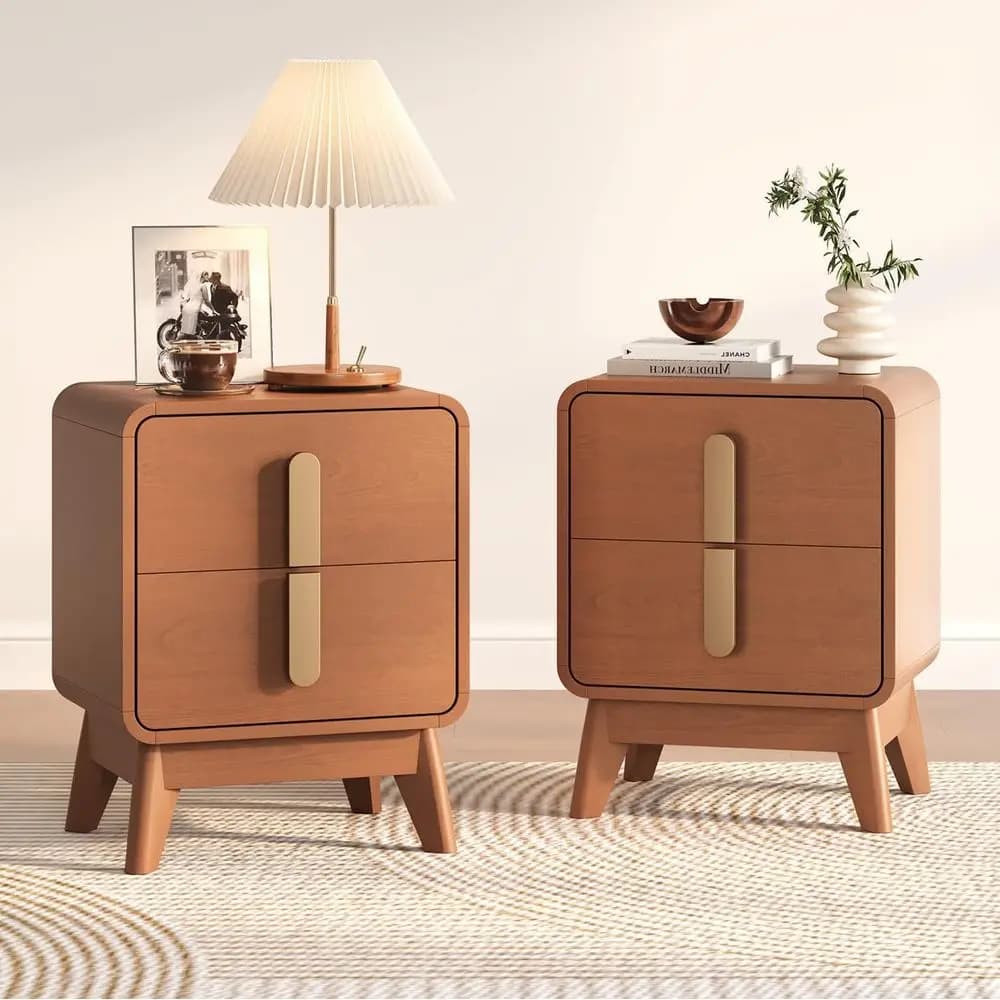 Set di 2 Comodini in Legno di Ciliegio con Cassetti e Maniglie in Metallo, Design Curvo per Camera da Letto