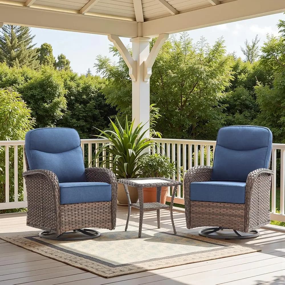 6 inch padded swivel rocking chairs with side table for outdoor patio, wicker set with high back in blue