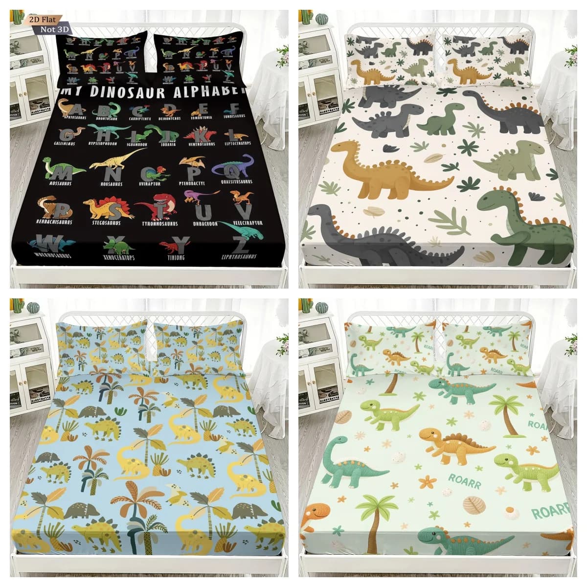Set di lenzuola con angoli in flanella con stampa di lettere di dinosauro Set di biancheria da letto da 3 pezzi con federe Copri letto per bambini Gonna Calda biancheria da letto per bambini