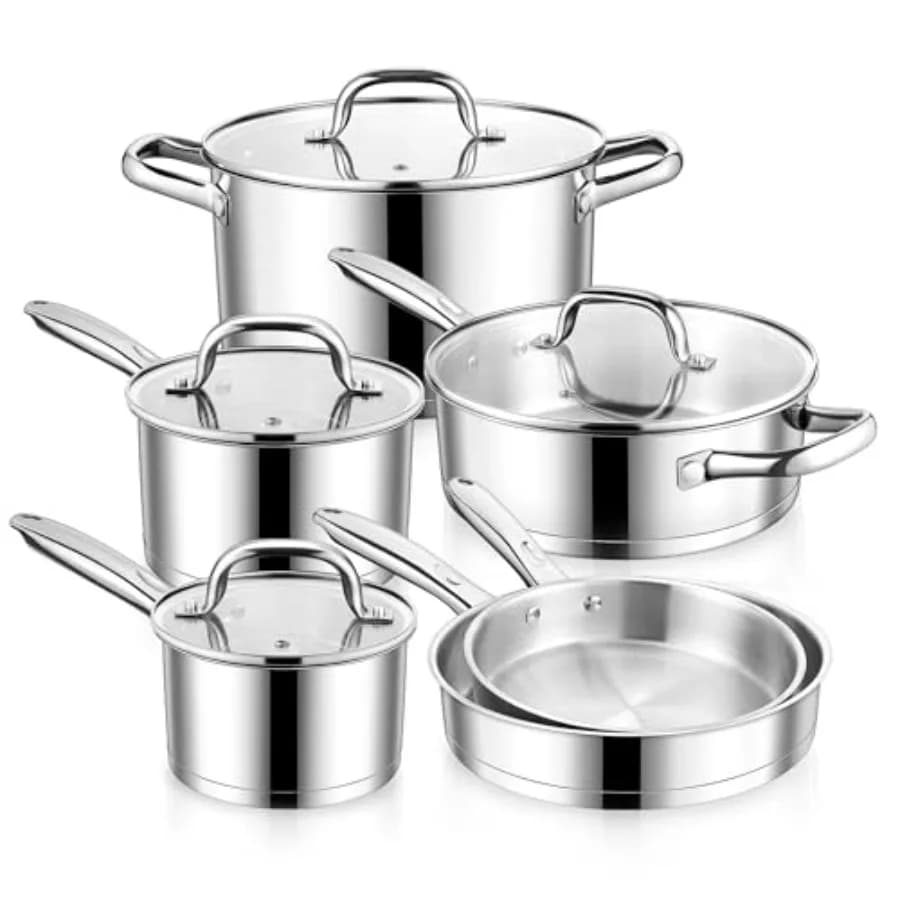 Set of 10 pieces stainless steel pots, set of pots and induction pans with triple base, non-toxic kitchen set with pan