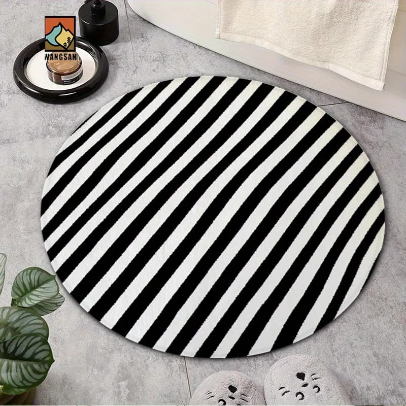 Modern Simple Black White Stripe Round Carpet, Minimalist Rug Shower Room Balcony Entryway Washroom Household Floor Decoration