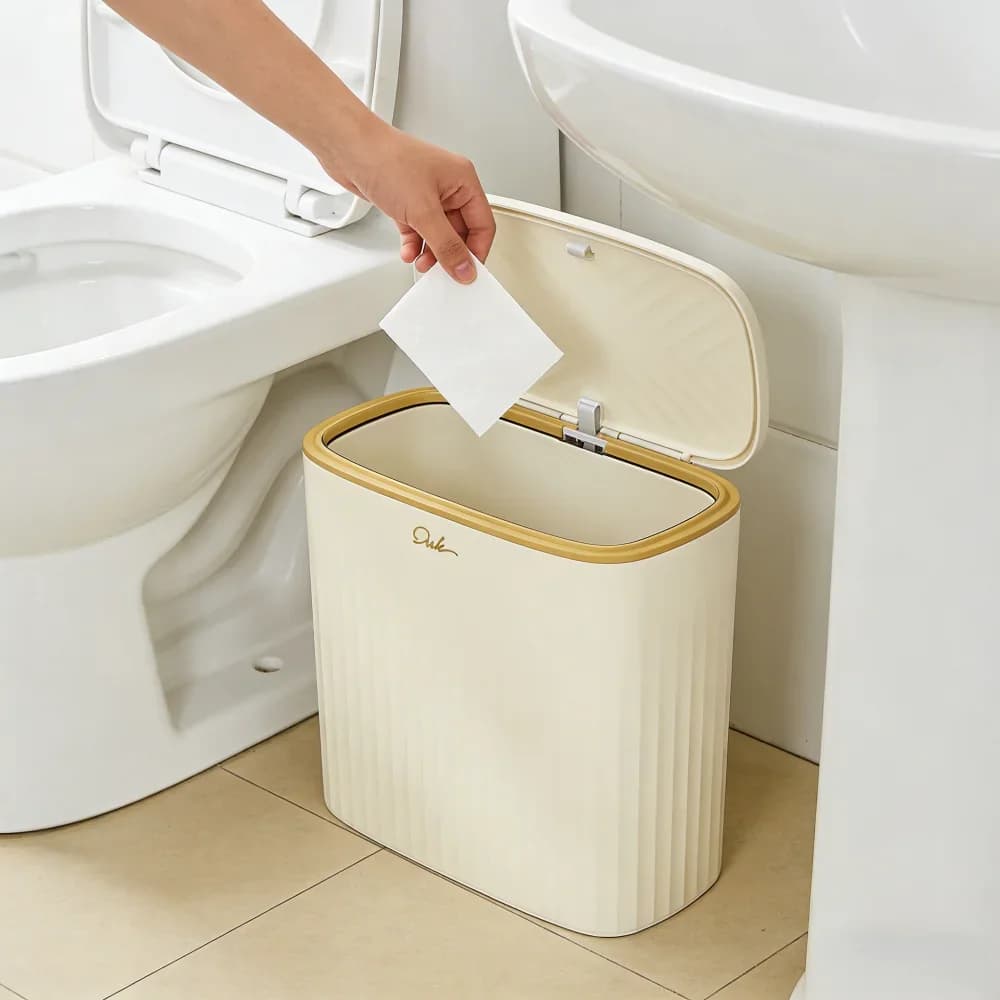Beige Gold Trim Trash Can Narrow Slim Pressing Type Garbage Bin with Lid Bathroom Kitchen Space-Saving Large Capacity Trash Can