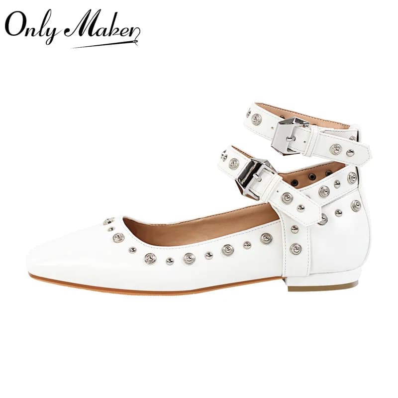 Onlymaker Women White Square Toe Buckle Strap Mary Jane Flats Elegant Big Size Daily Flats Pumps