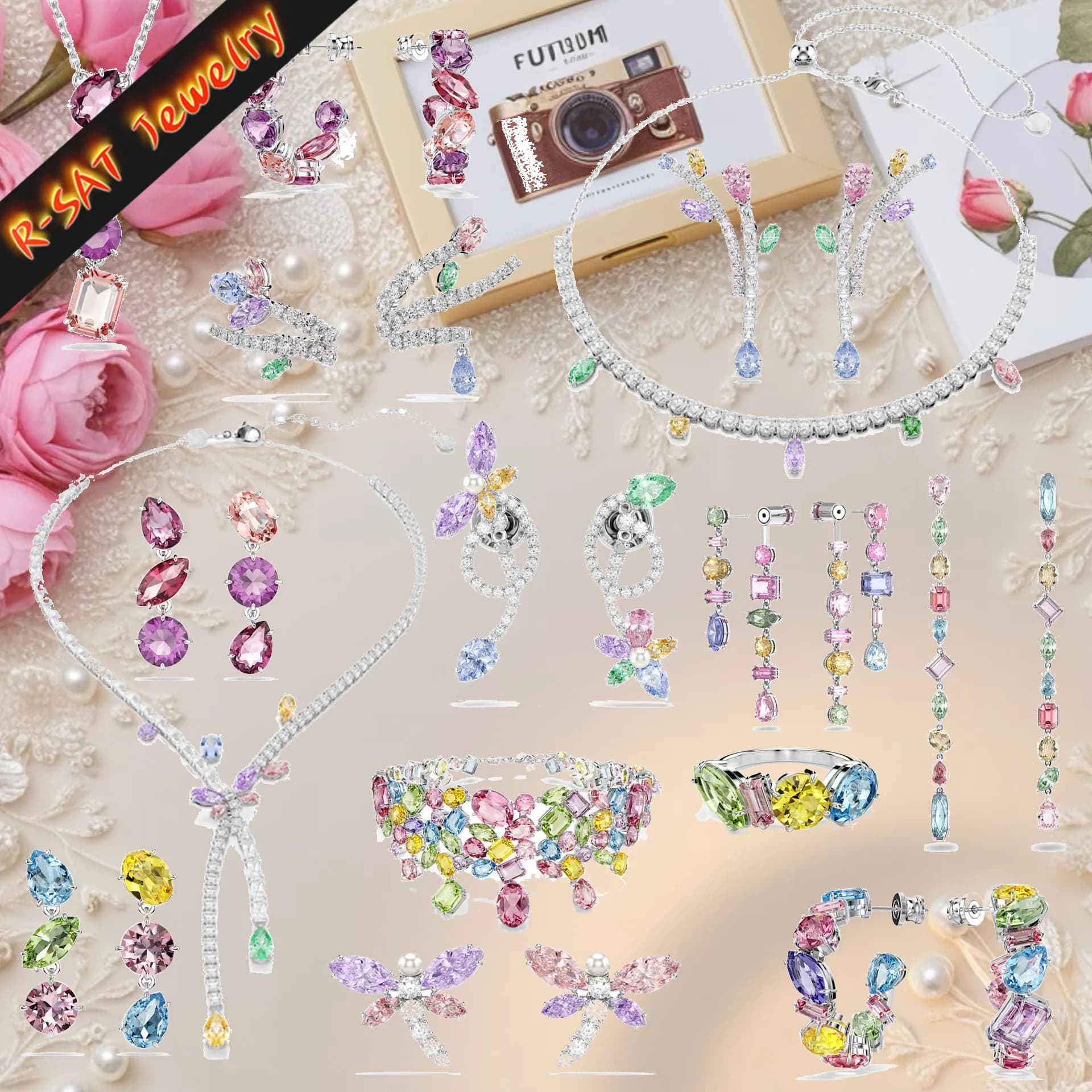 2027 Luxury Geometric Fine Jewelry Sets Original Pink Candy Crystal Necklace Earrings Bracelet Ring for Women Wedding Gift