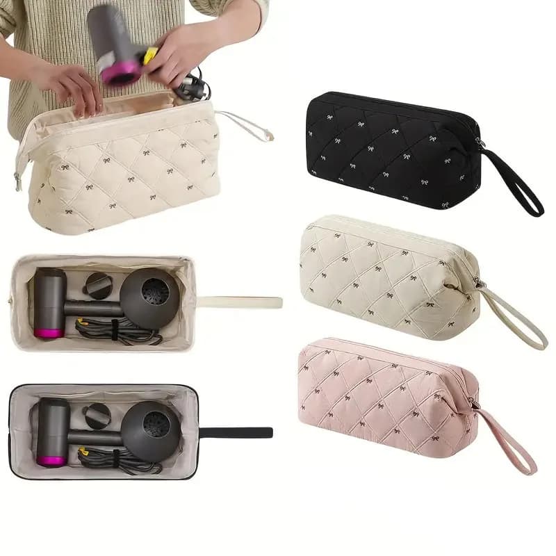 Borsa portaoggetti per asciugacapelli da viaggio, graziosa con ricamo a fiocco, trapuntata, impermeabile, con cerniera, per accessori per capelli e cosmetici