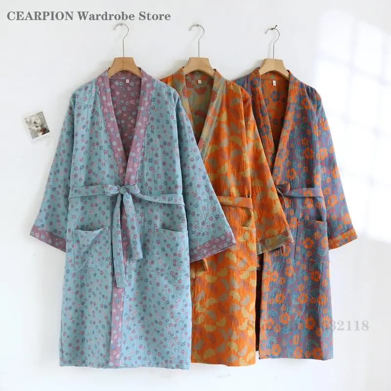 Retro Print Flower Robe Home Dress with Pocket Cotton Kimono Bathrobe Gown Casual Women Nightgown Loungewear Pijama Yukata Haori