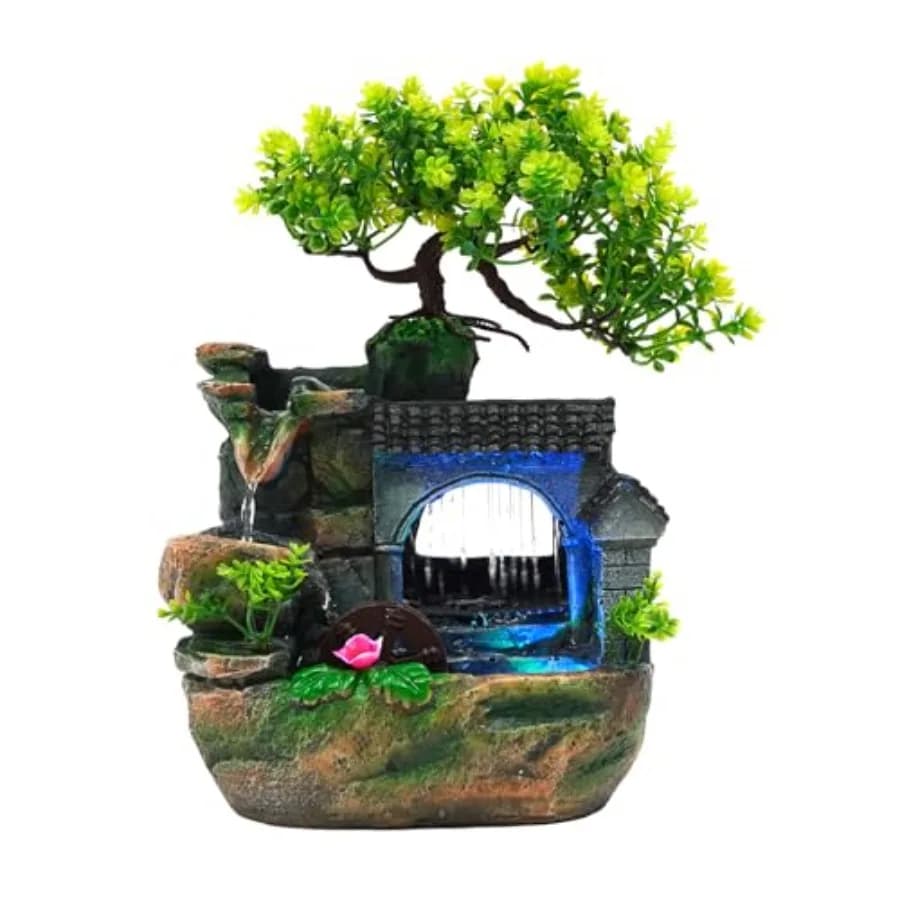 Fontana da Tavolo a Cascata 11 Pollici con Umidificatore Effetto Roccia, Luce LED Cambia Colore, Pompa Regolabile e Albero Bonsai Artificiale in Resina
