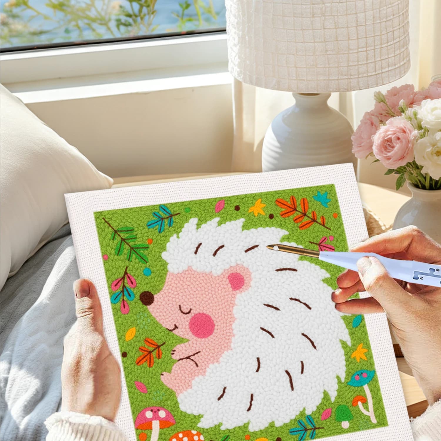 25x25cm Punch Needle Embroidery Starter Kits With Frame For Beginner Hedgehog Pattern Handicrafts Poking Embroidery Yarn Paintin