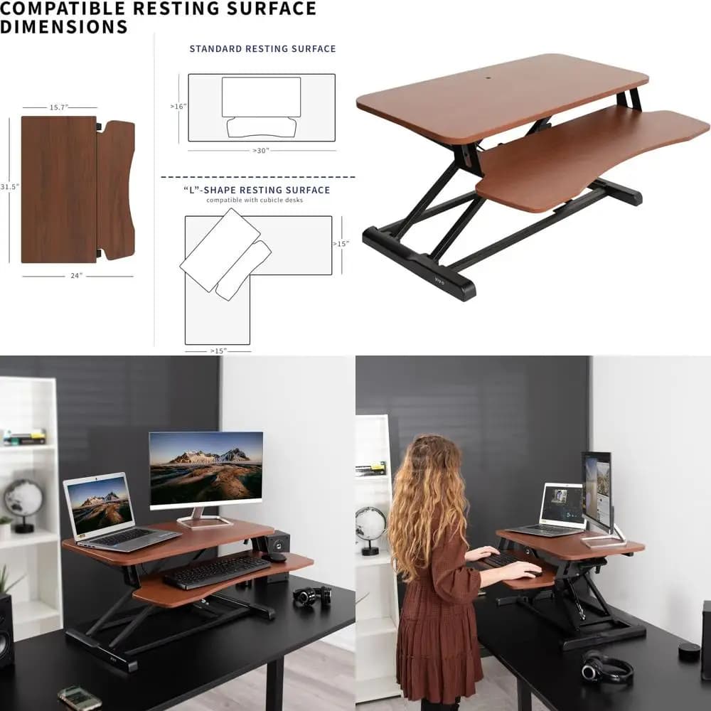 Convertitore per Scrivania Regolabile in Altezza da 32 Pollici, Supporto per Doppio Monitor e Laptop con Ampio Vassoio per Tastiera, Piano in Noce, Nero