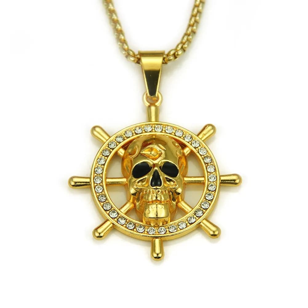Collana con Ciondolo a Forma di Testa di Scheletro e Ancora con Zirconi, Gioiello Hip Hop Punk per Uomo